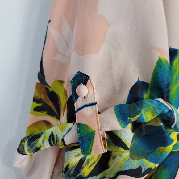 Worthington split neck roll tab sleeve popover tunic top sz 4X pink green leaves - Picture 5 of 7